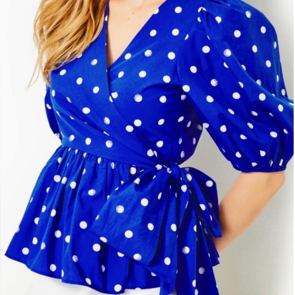 NEW Women’s Lilly Pulitzer Kara Cotton Wrap Top Blue Grotto Size 12 MSRP $148